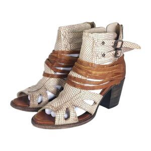 FREEBIRD BY STEVEN Women's Nest US8 Brown Leather Snakeskin Zip Strappy Sandals